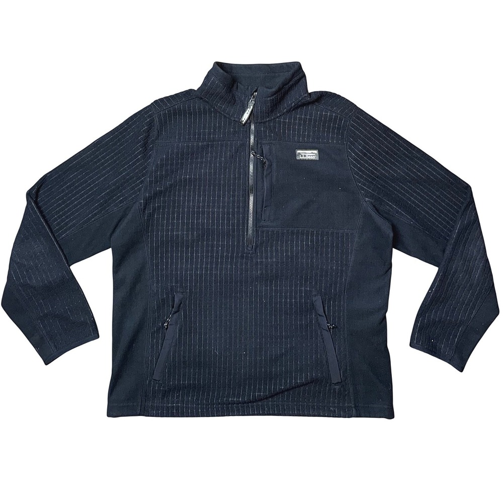 LL Bean Mens Quarter Zip Grid Fleece Pullover Black Textured Jacket 1333